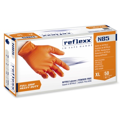 Сверхпрочные резиновые перчатки, нитриловые, оранж, Reflexx N85-XL. 8,4 гр. Толщина 0,2 мм. N85-XL
