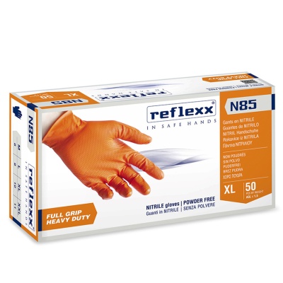 Сверхпрочные резиновые перчатки, нитриловые, оранж, Reflexx N85-L. 8,4 гр. Толщина 0,2 мм. N85-L