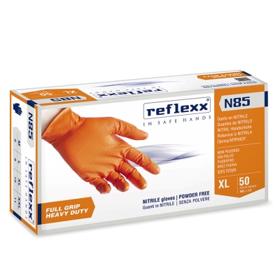 Сверхпрочные резиновые перчатки, нитриловые, оранж, Reflexx N85-XXL. 8,4 гр. Толщина 0,2 мм. N85-XXL